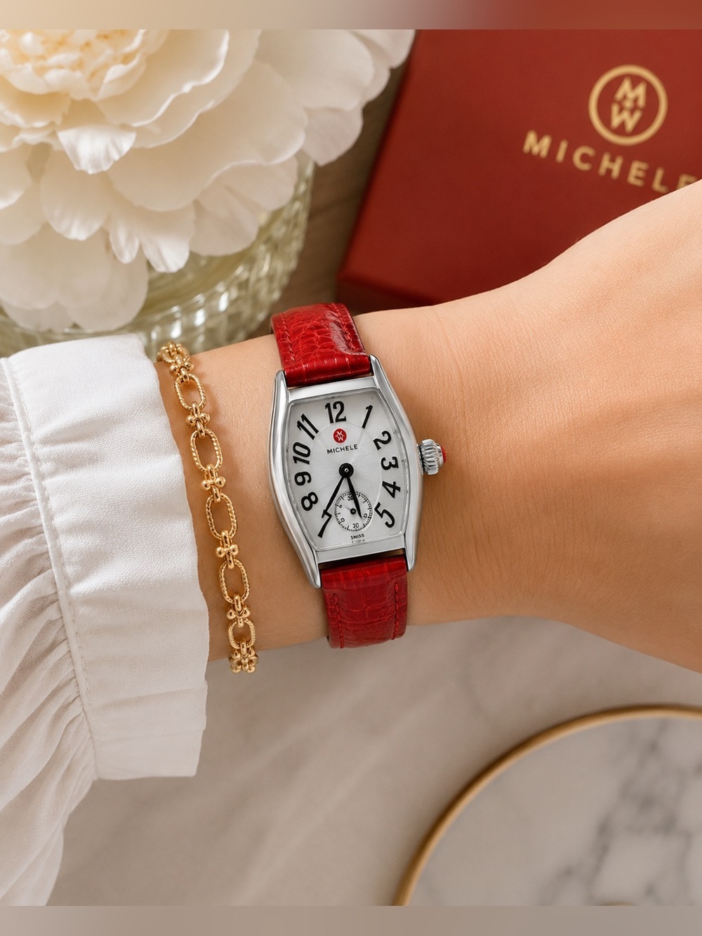 Michele Coquette Swiss Quartz Watch Red Leather Strap Stainless Steel